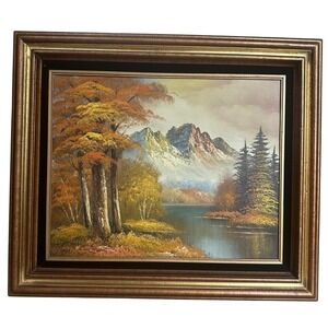 VTG  Original Oil On Canvas Painting 23x27 Inch Autumn Mountain Lake Landscape